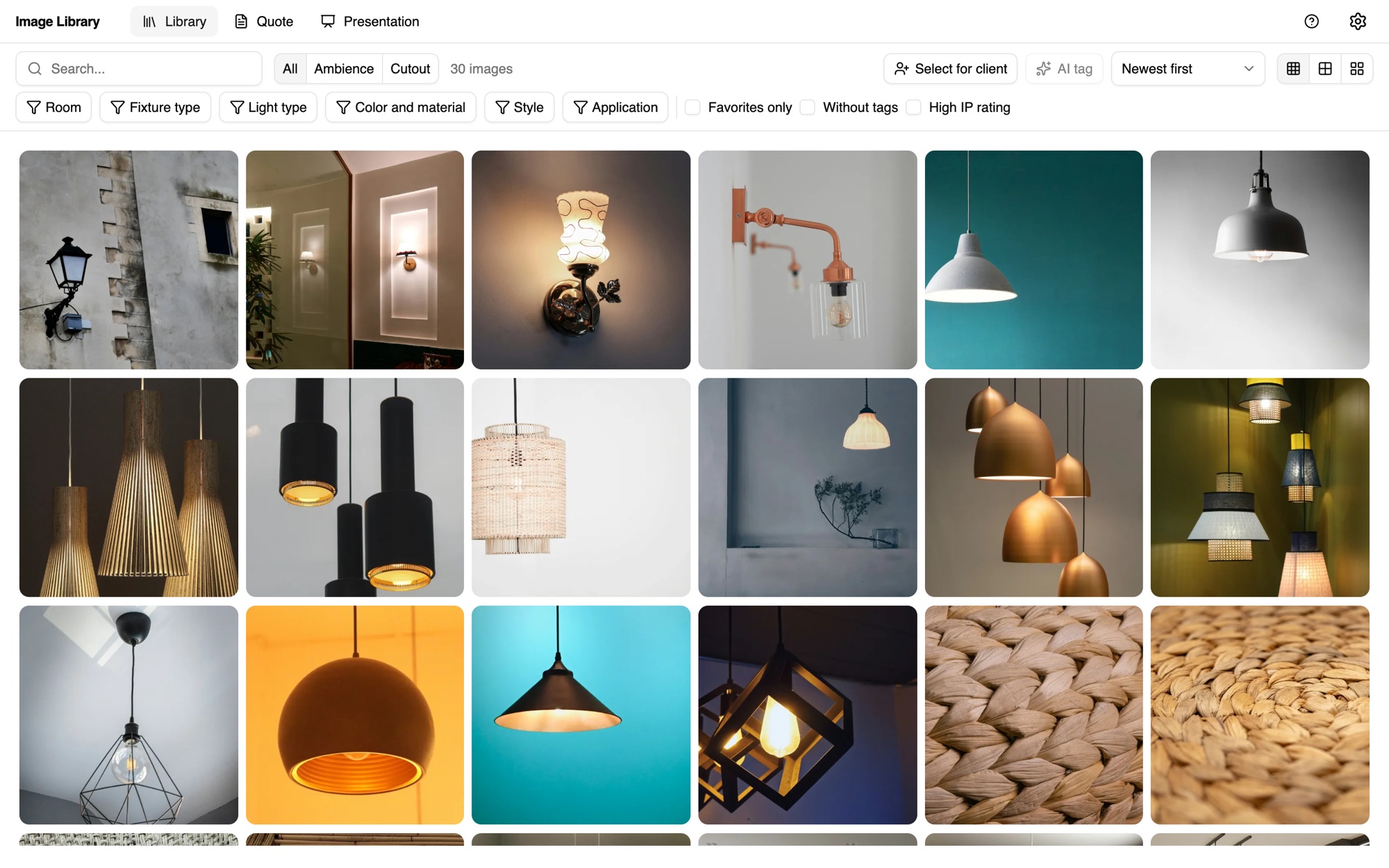 The image library showing a grid of pendant lamps, wall lights and woven materials, with filters for room, fixture type, light type, colour and material, style and application.